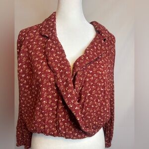 American Eagle Outfitters Burgundy/Rust Petite Floral Blouse, Smocked Waist